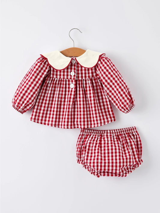 Christmas Tree Embroidered Gingham Bloomer Set