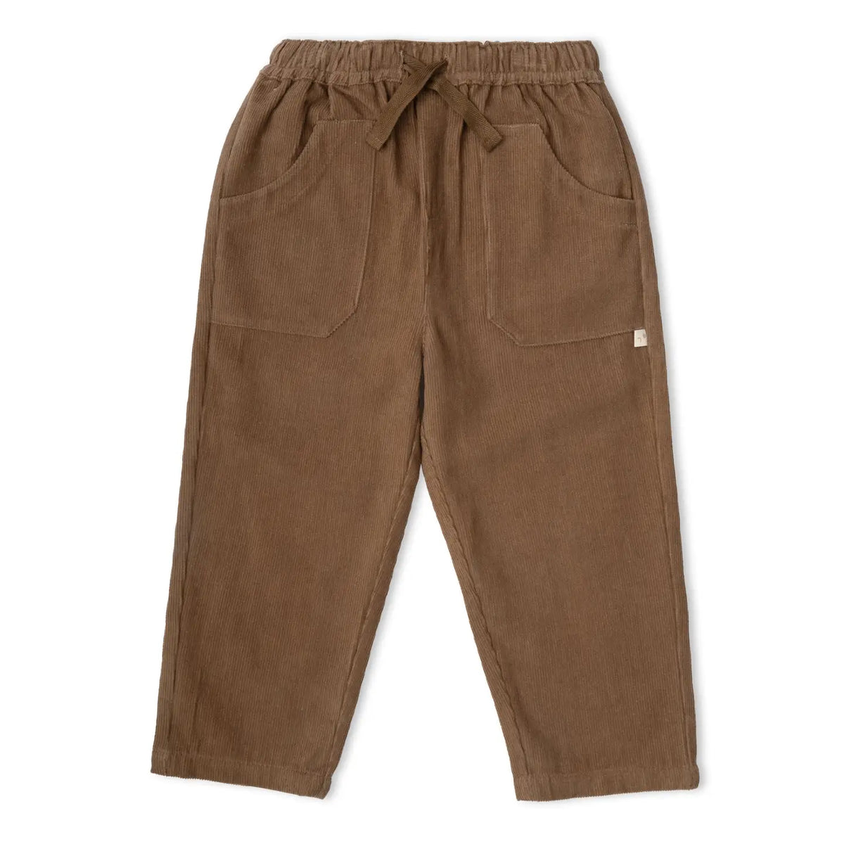 Makemake Organics Organic Corduroy Pants in brown with elastic drawstring waist and front pockets.
