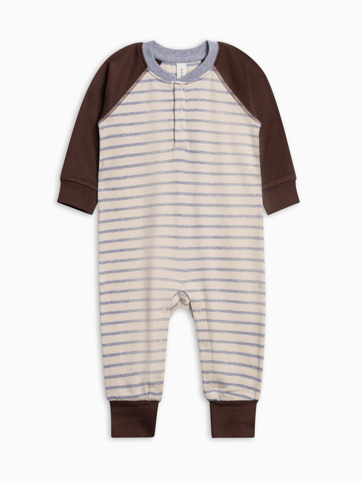 Colored Organics Brix Henley Romper in Bob Stripe with an ivory striped body, brown raglan sleeves, and ribbed cuffs.