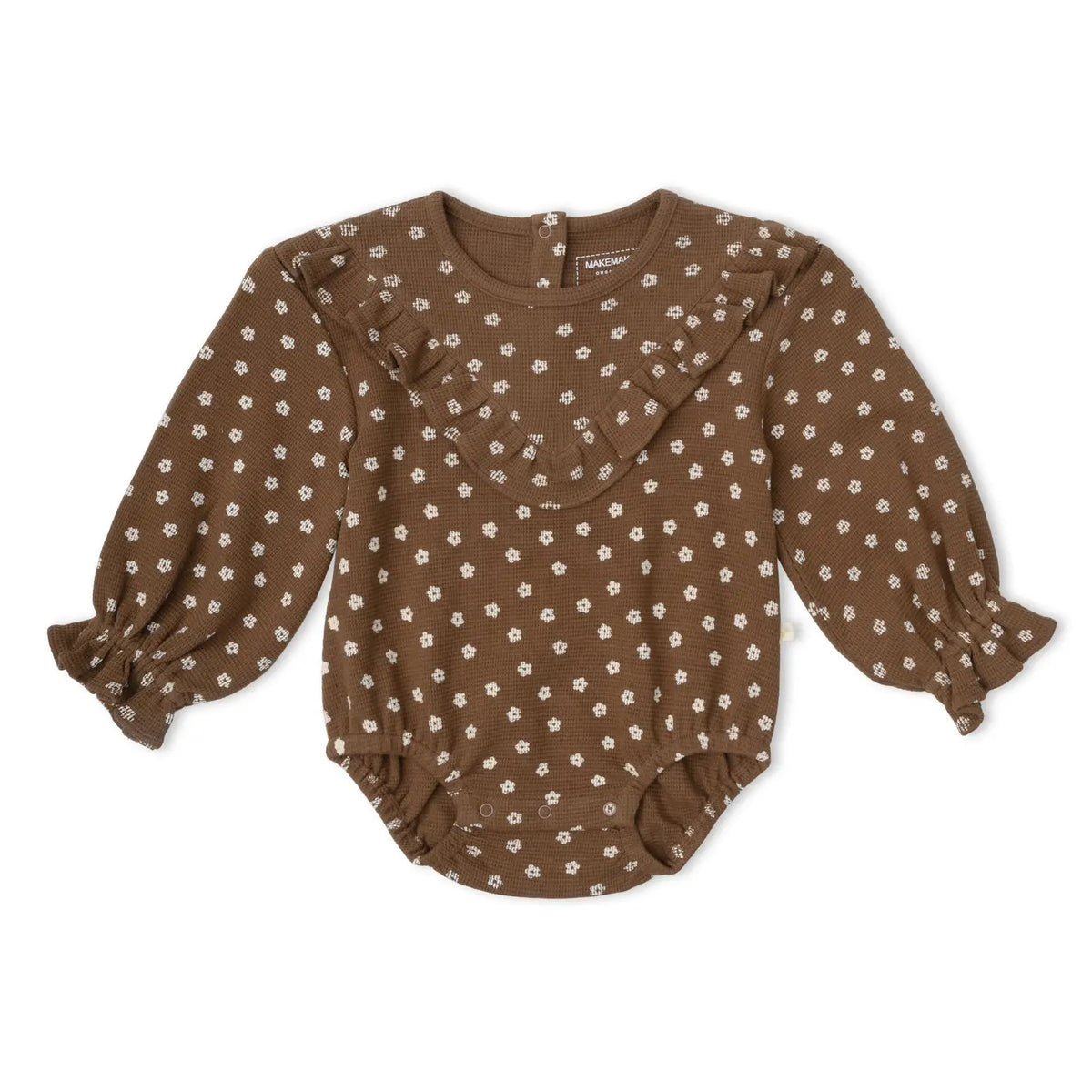 Makemake Organics Organic Ruffle Bubble Romper in Chestnut Bloom floral print with long sleeves.