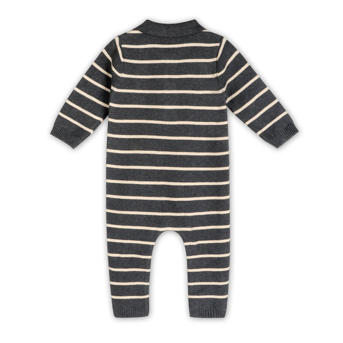Back view of the charcoal and cream striped long-sleeve knit baby jumpsuit.