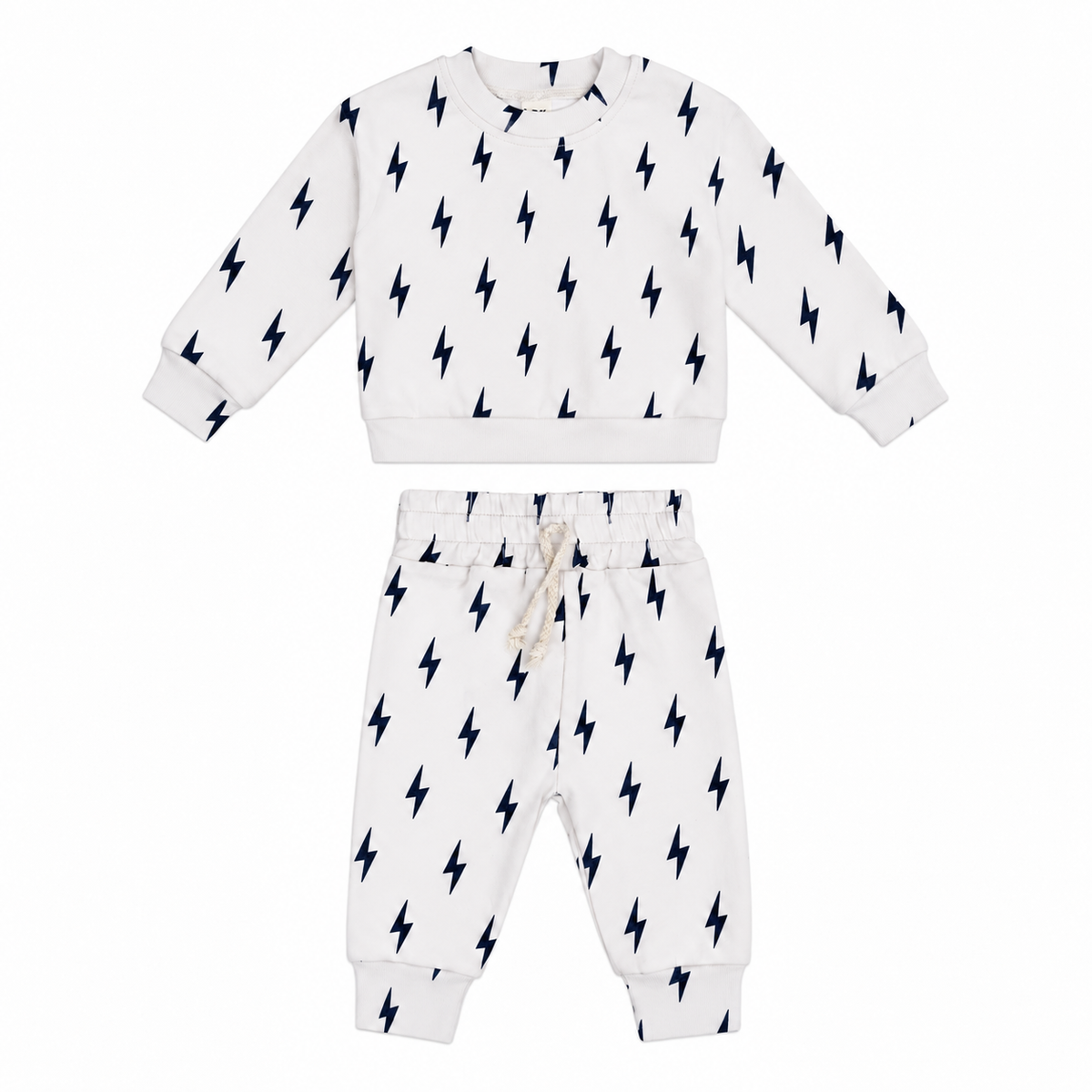 Off-white toddler jogger set with black lightning bolt print by Lucky Panda Kids.