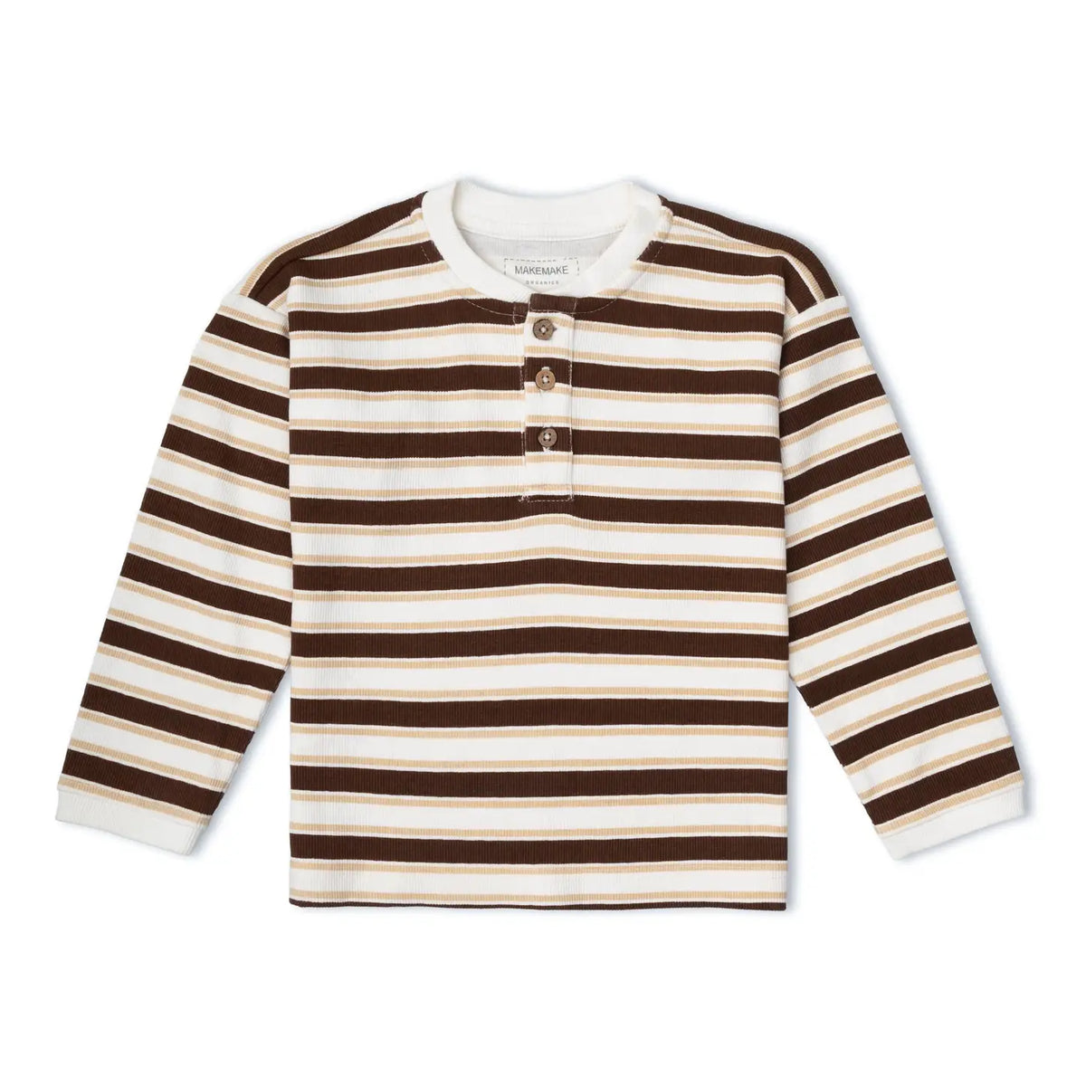 Makemake Organics Organic Henley Tee in Cocoa Stripe with long sleeves and a button-front neckline.