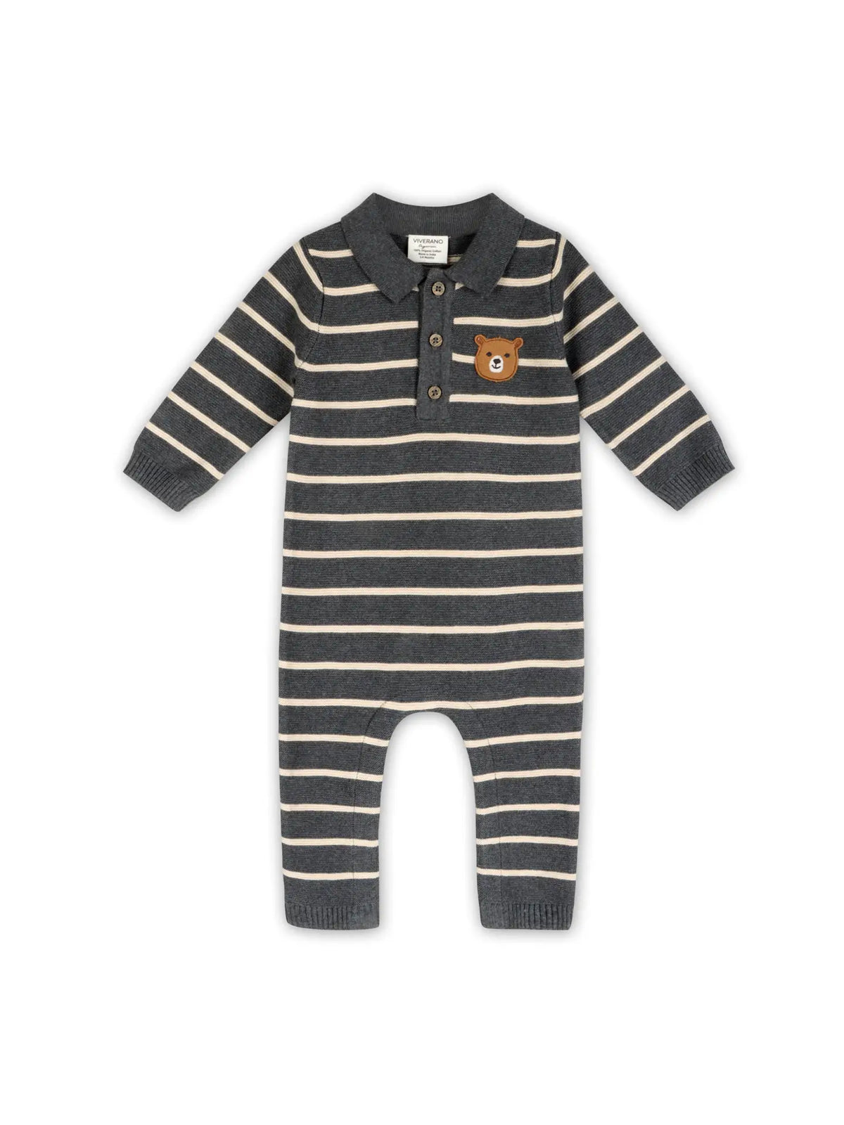 Front view of a charcoal and cream striped baby jumpsuit with long sleeves, a contrast collar, buttons, and a bear face chest detail.