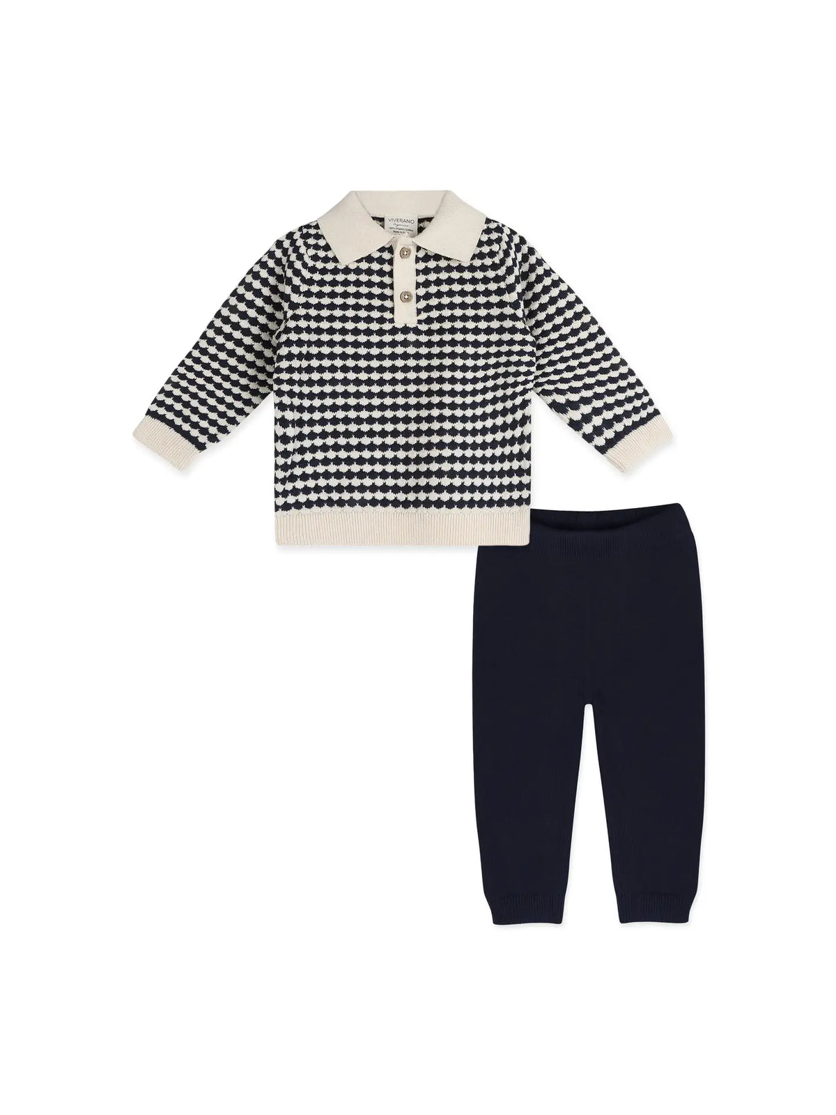 Viverano Organics Leo Navy Textured Knit Polo Pullover and Matching Pant Set.