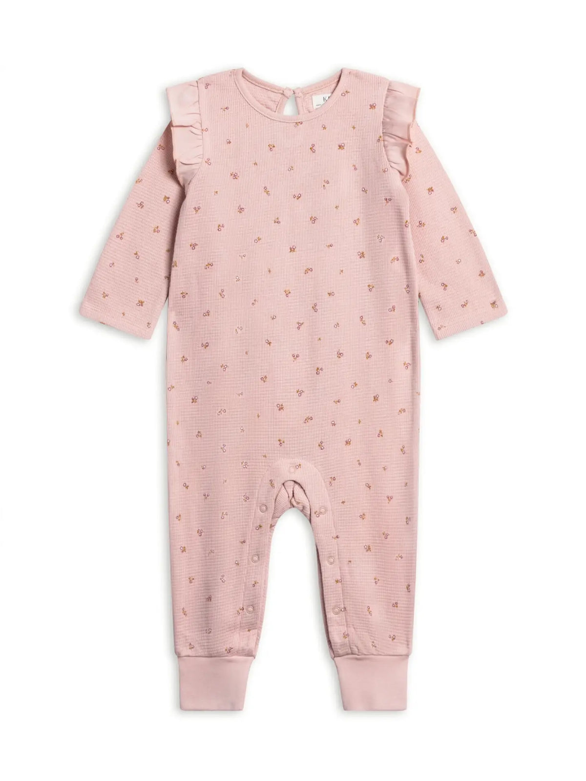 Pink Colored Organics Mila waffle knit romper in Tilda Floral with long sleeves, flutter shoulders and cuffed ankles.