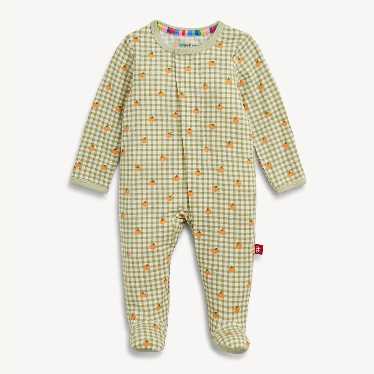Magnetic Me Pumpkin Plaid modal footie in green gingham with tiny orange pumpkins.