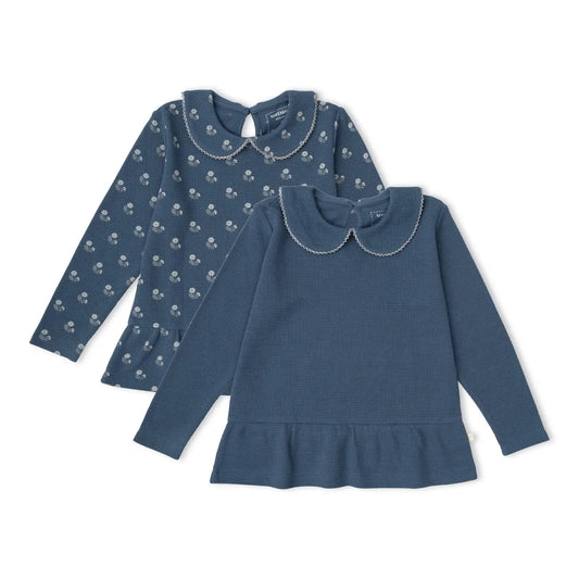 Makemake Organics Indigo Blossom and Navy organic collar peplum top set of two.