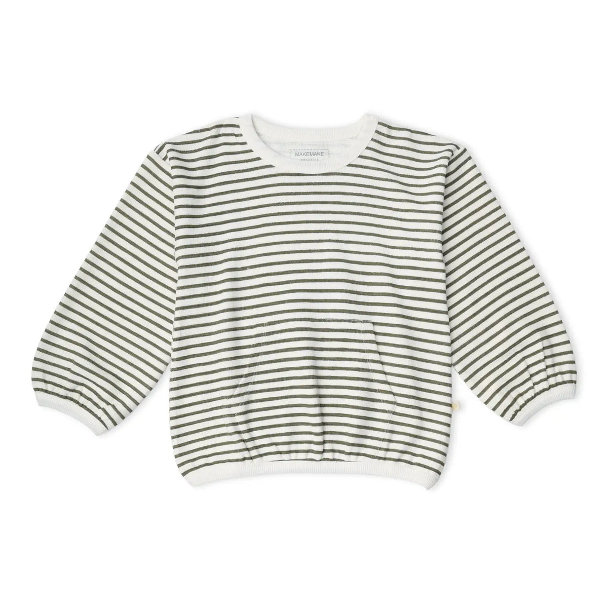 Olive Stripes organic long-sleeve tee in cream and olive.
