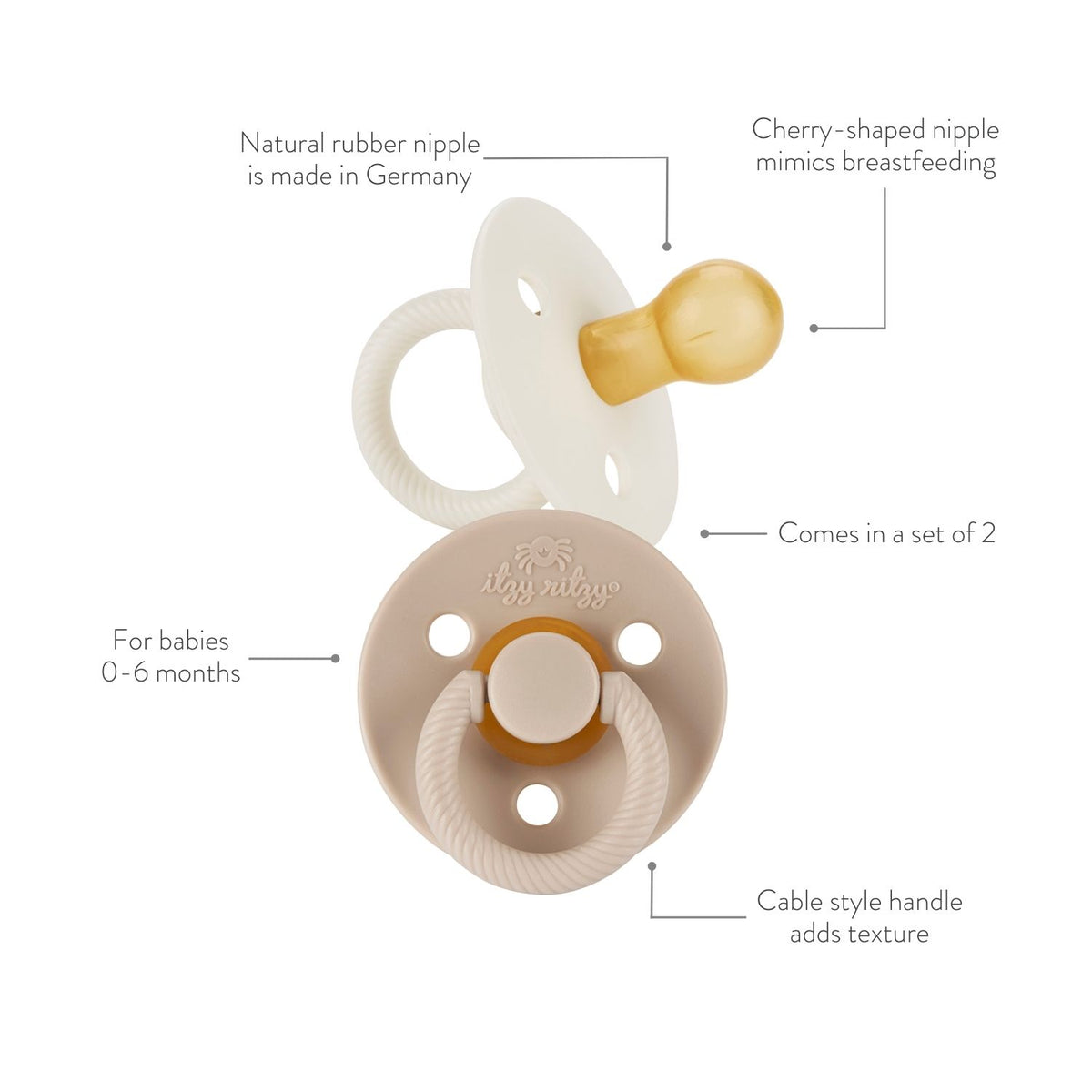 Itzy Soother natural rubber pacifier color and design details for babies 0-6 months.