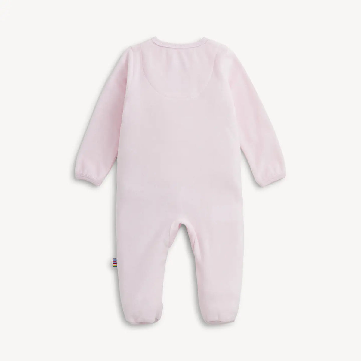 Back view of the pink Magnetic Me velour baby footie.