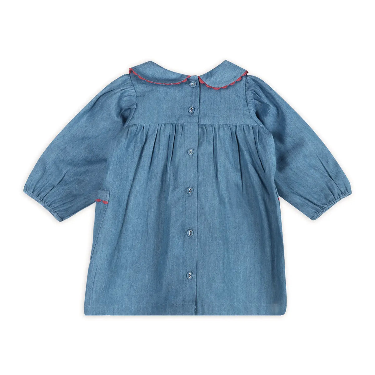 Back view of the Viverano Organics Ida embroidered denim baby dress with button closure.