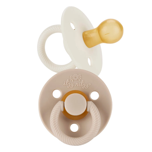 Itzy Ritzy Itzy Soother natural rubber pacifier 2-pack in Coconut and Toast.