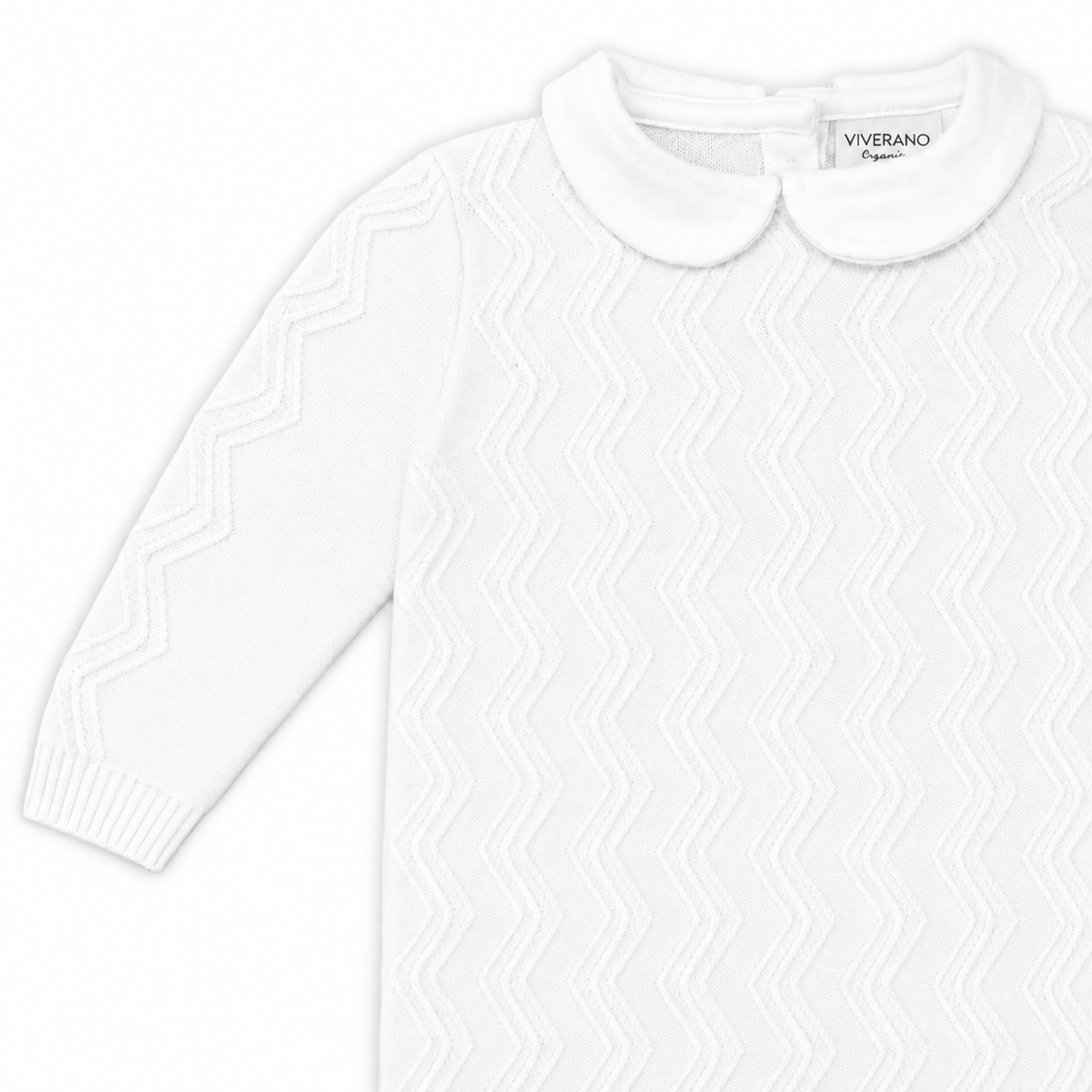 Close-up of the chevron knit and Peter Pan collar on the Viverano Organics Dove White jumpsuit.