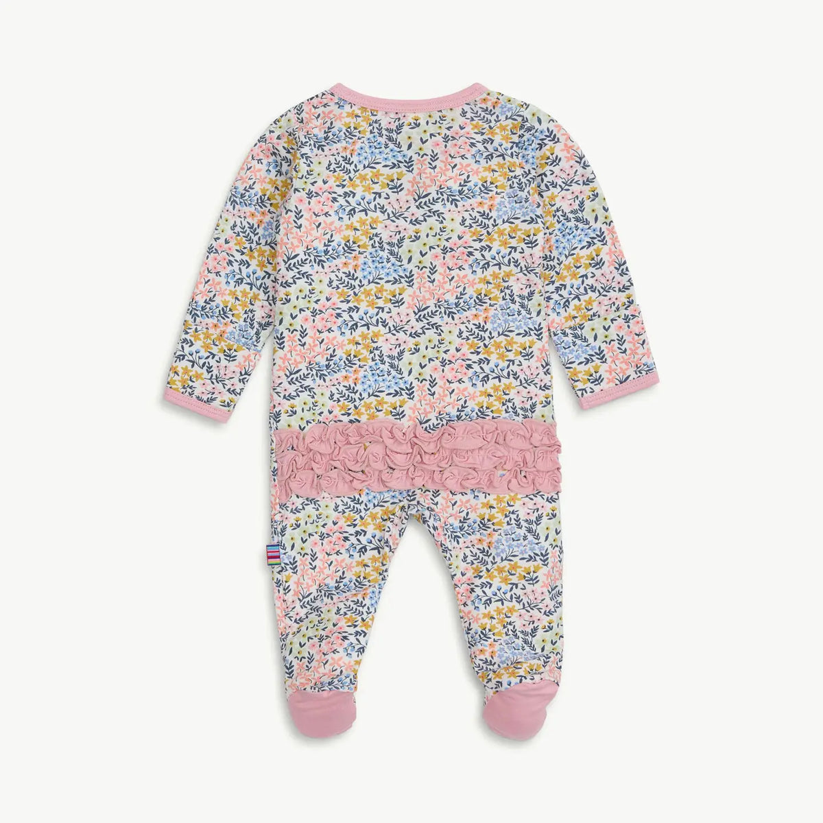 Back view of the Magnetic Me Chelsea modal footie featuring three pink ruffles. 
