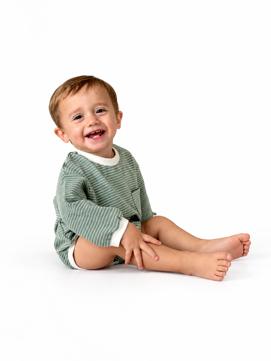 Sage Stripe Baby Bubble Romper