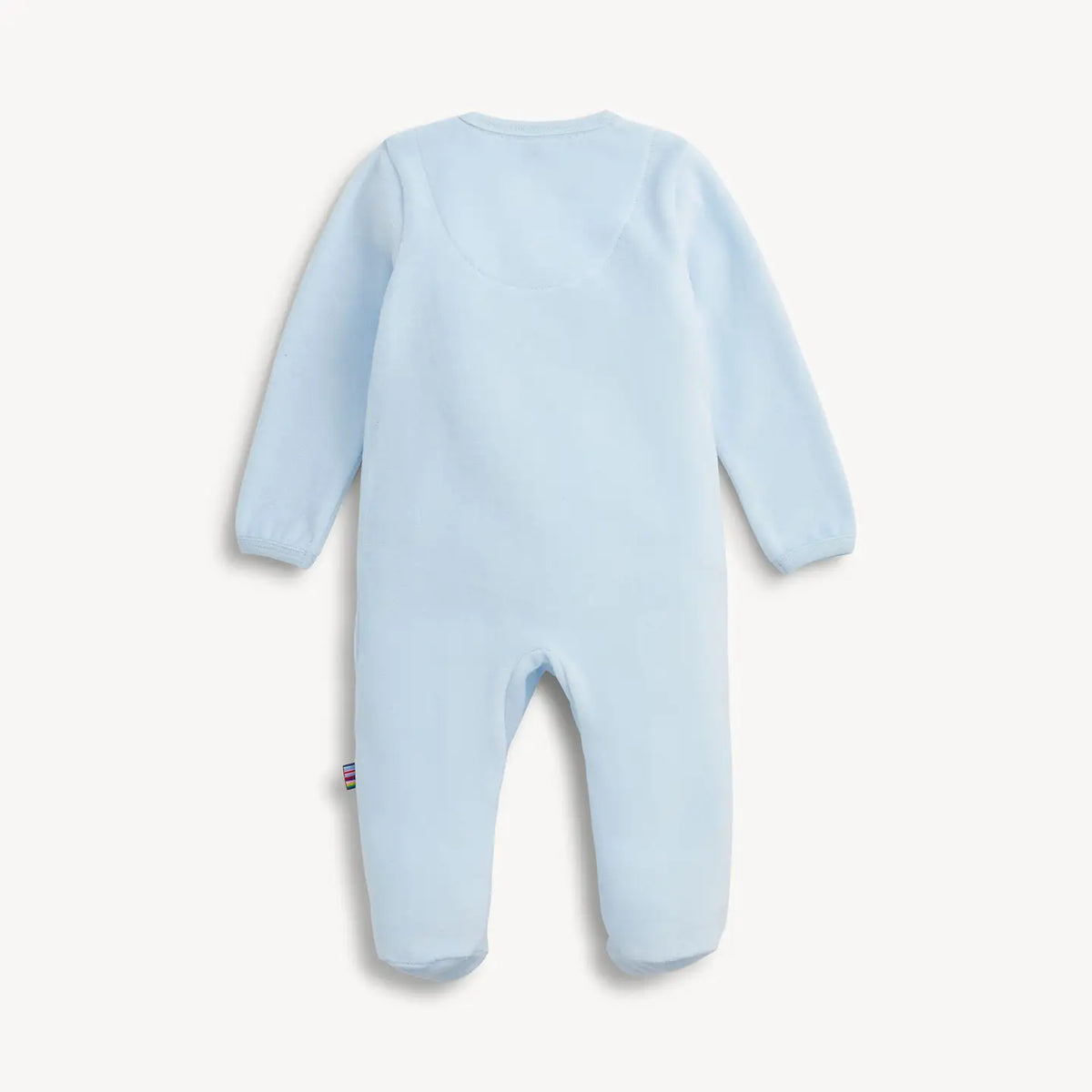 Back view of the blue Magnetic Me velour baby footie.