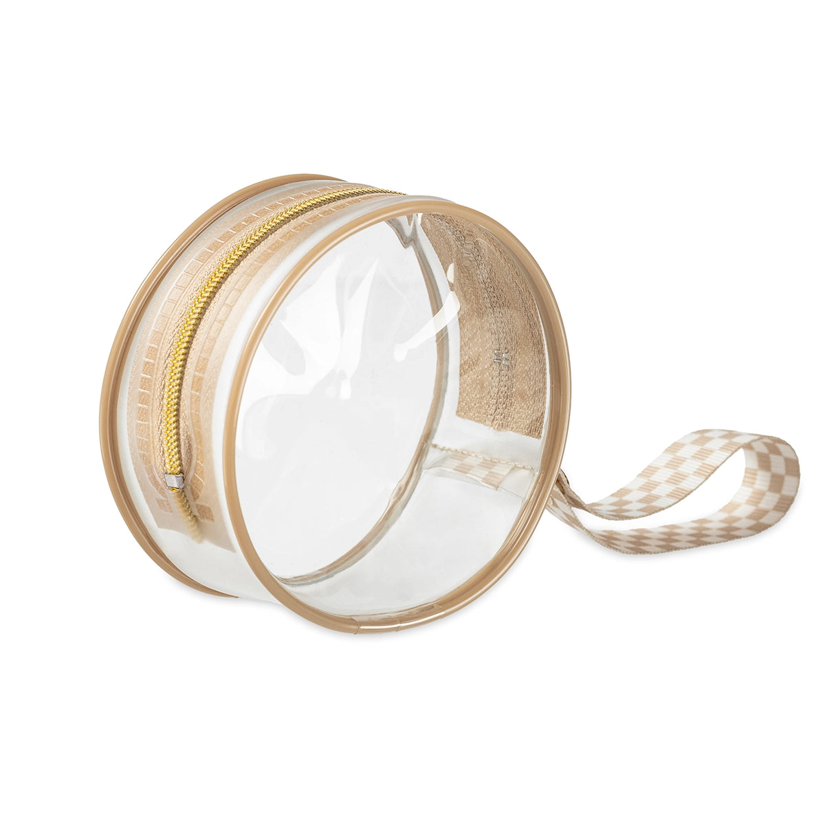 Clear Itzy Paci Case with attachable Toast Checkerboard strap.
