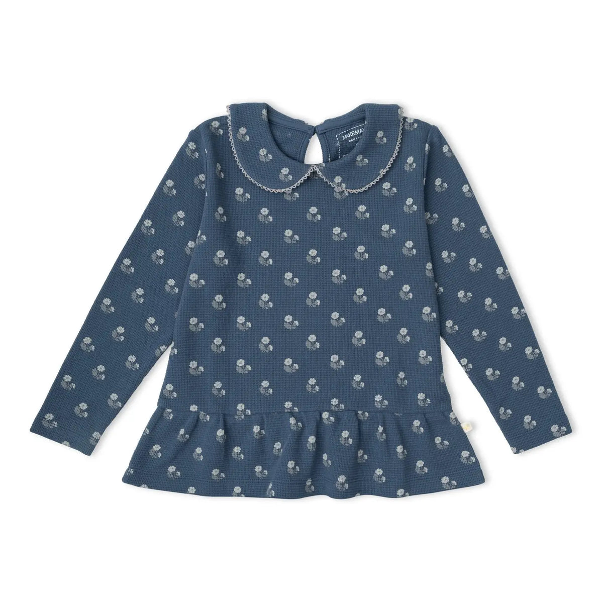Makemake Organics Indigo Blossom floral organic collar peplum top.