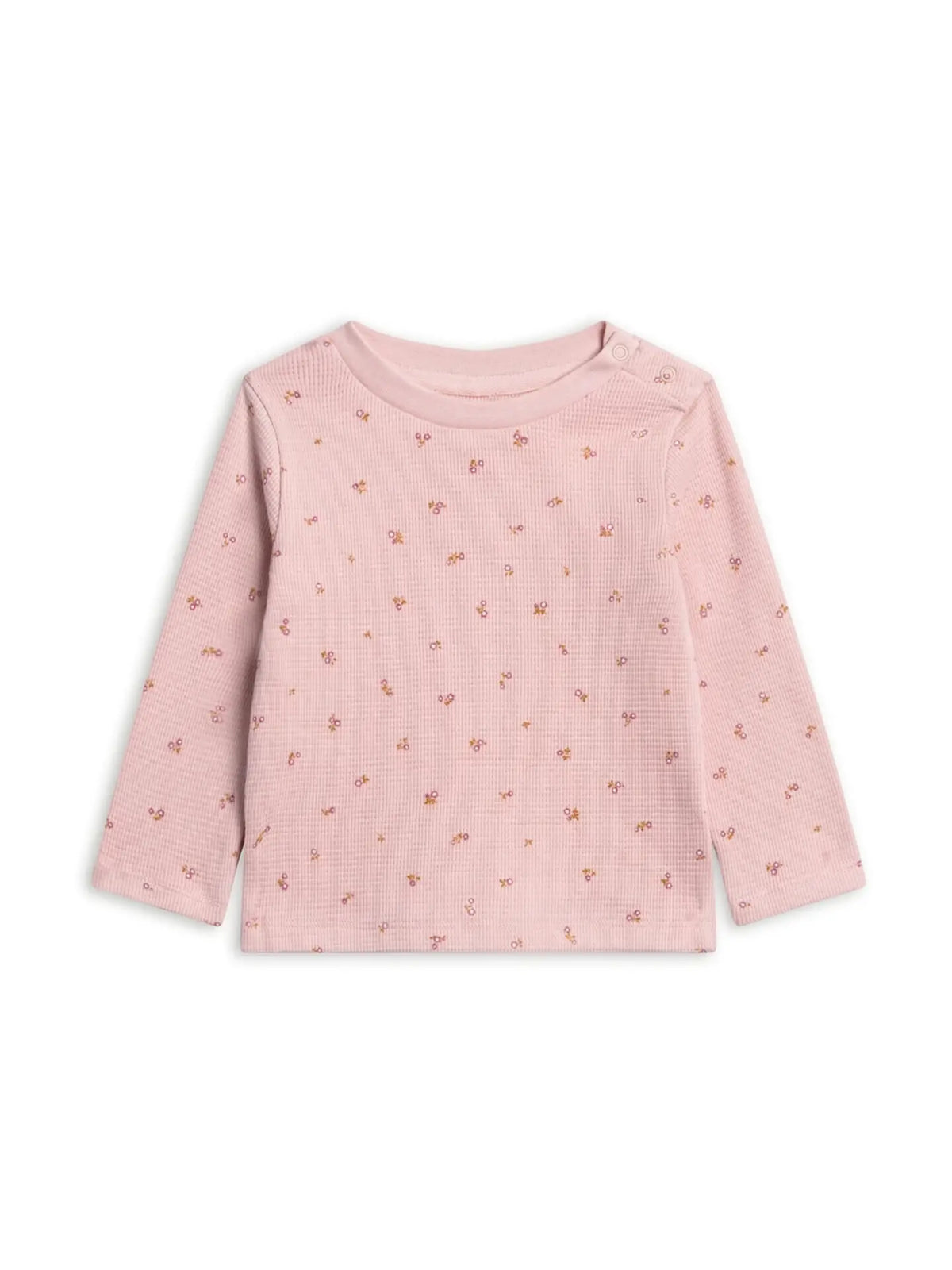 Colored Organics Mesa long-sleeve top in Tilda Floral, featuring pink waffle knit fabric with tiny scattered flowers.