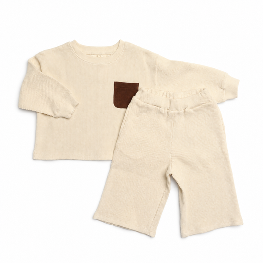 Aiden waffle-knit two-piece set in Turtledove with chocolate chest pocket by Winnie + Crew.
