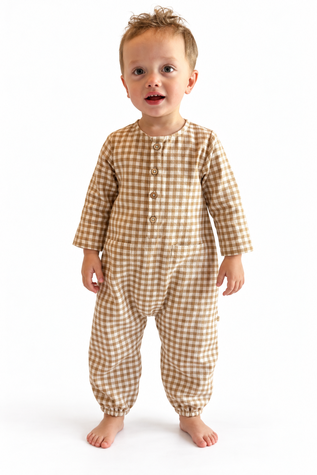 Organic Long Sleeve Button Romper - Oat Gingham