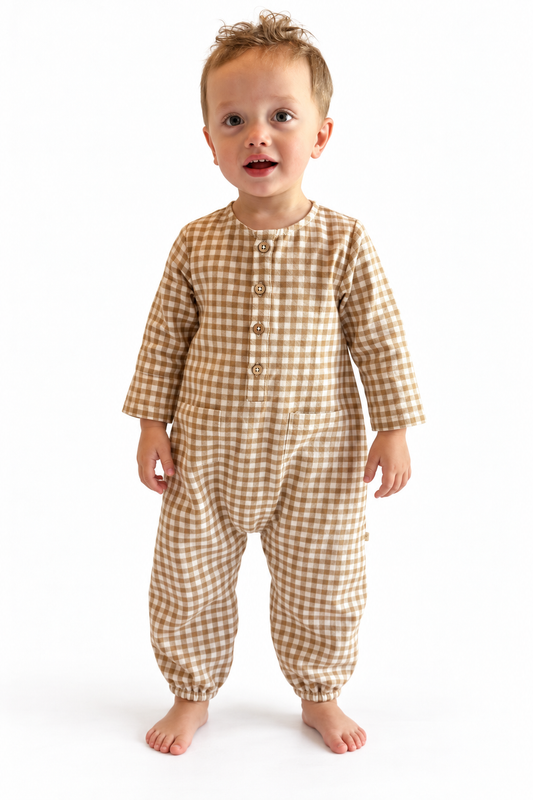 Organic Long Sleeve Button Romper - Oat Gingham