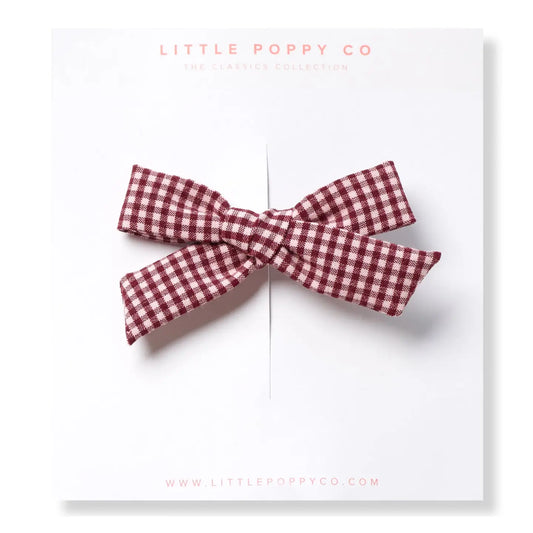 Maroon and cream check bow clip by Little Poppy Co.