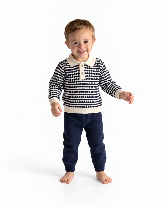 Leo Textured Knit Polo Pullover & Pant Set