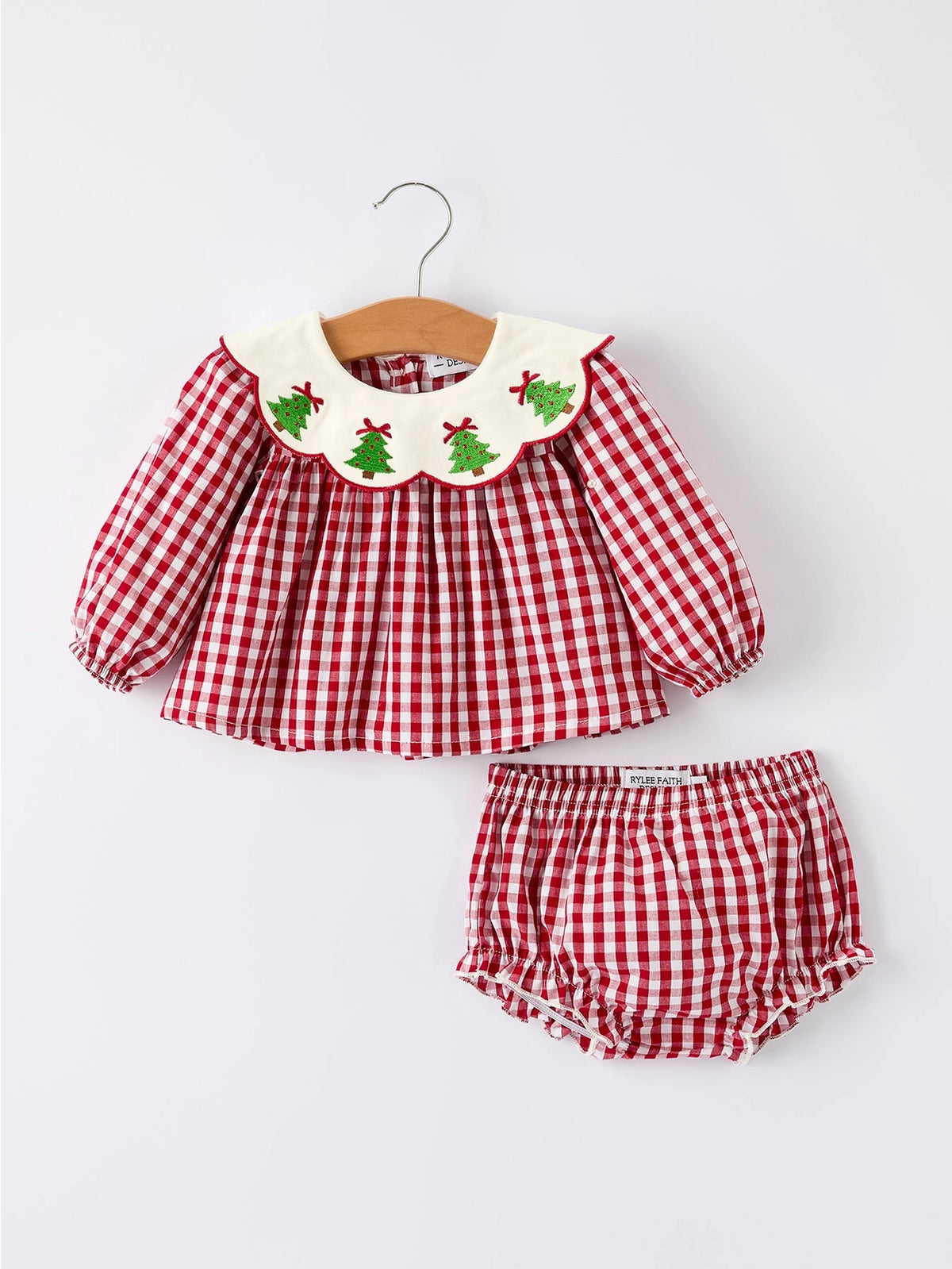 Christmas Tree Embroidered Gingham Bloomer Set