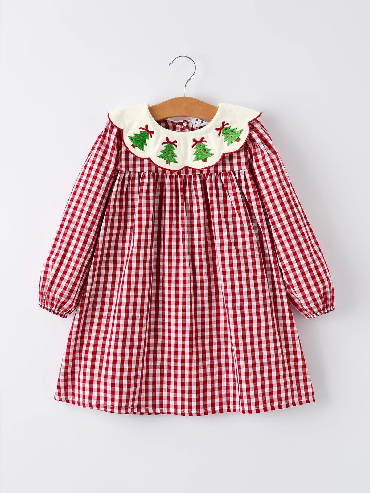 Christmas Tree Embroidered Gingham Dress - PREORDER