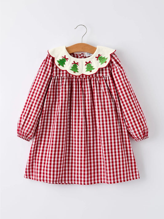 Christmas Tree Embroidered Gingham Dress - PREORDER