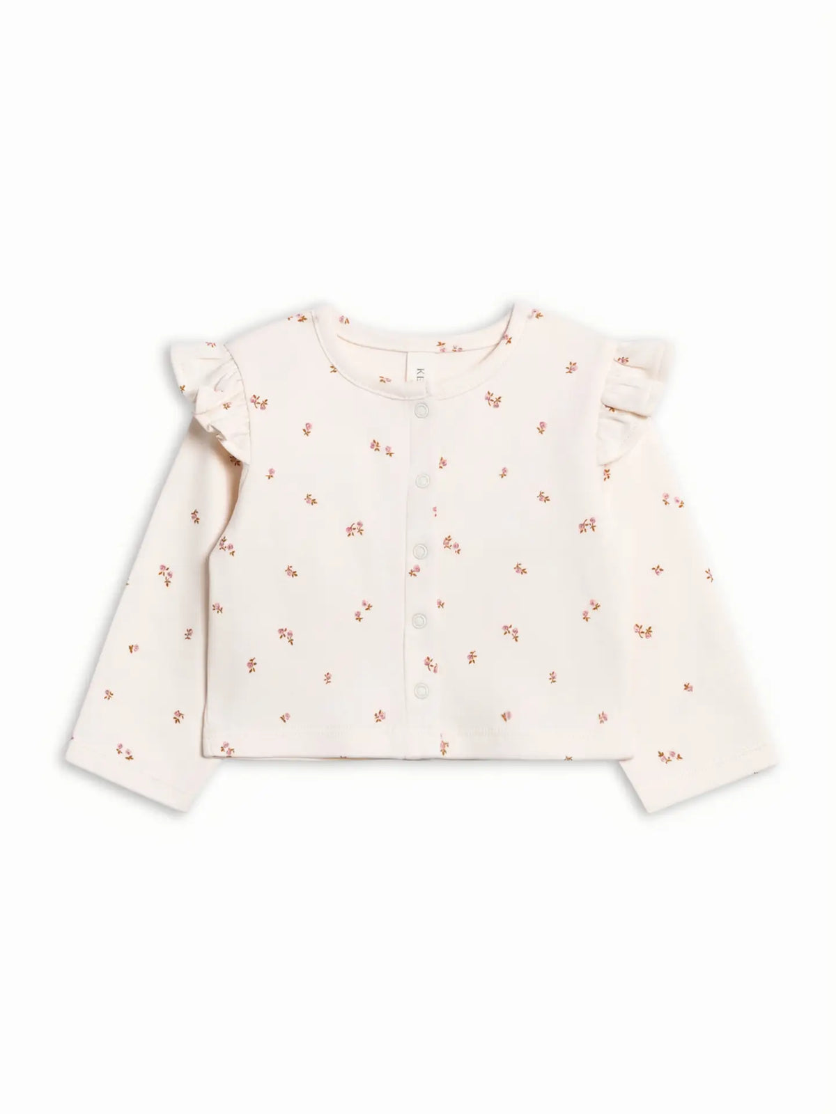 Colored Organics Hazel Cardigan in Etta Floral, a cream long-sleeve cardigan with tiny flowers, ruffled shoulders, and front snaps.