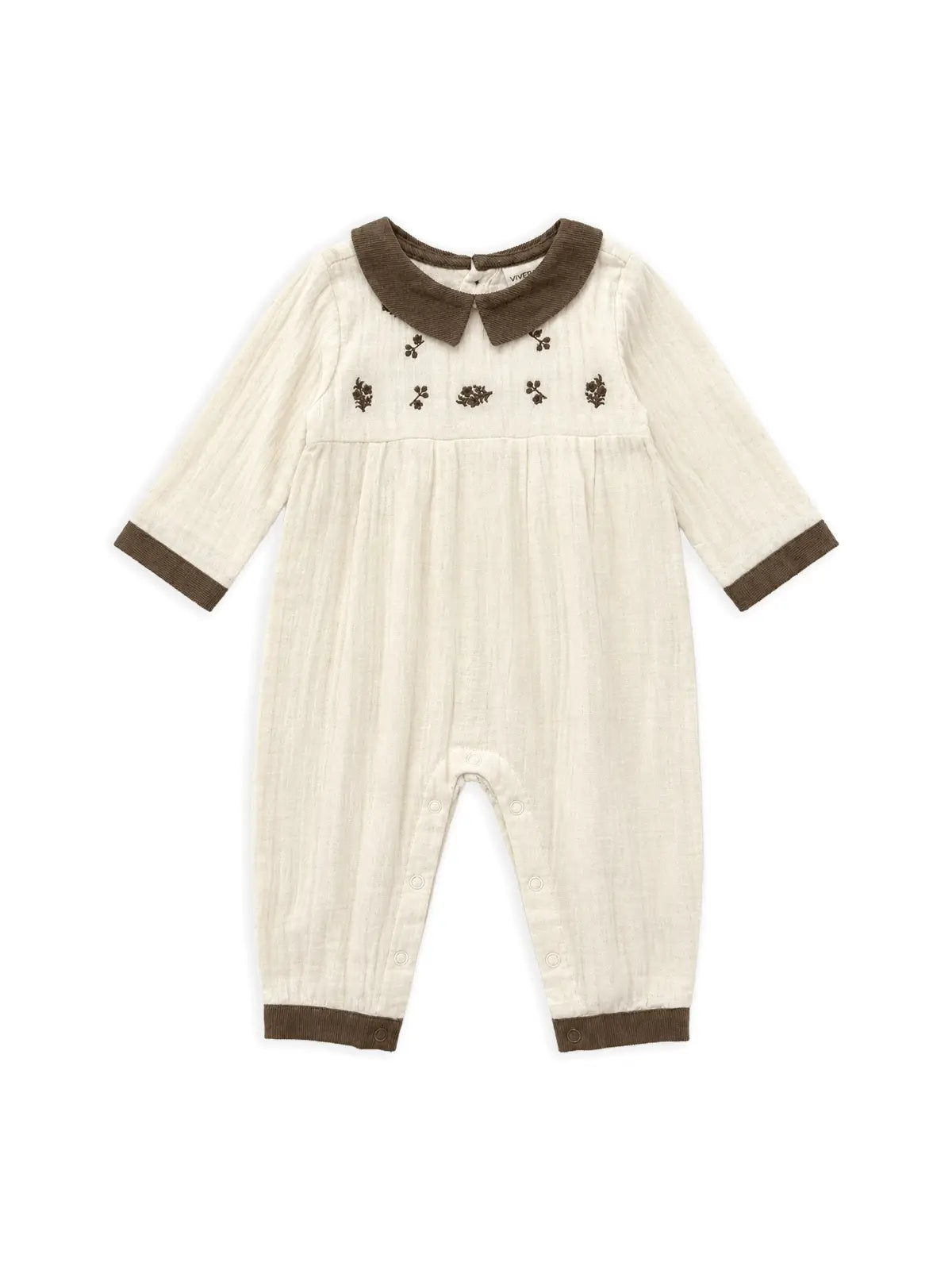 Viverano Organics Sweet Cream embroidered crinkle muslin baby jumpsuit with brown corduroy trim. 