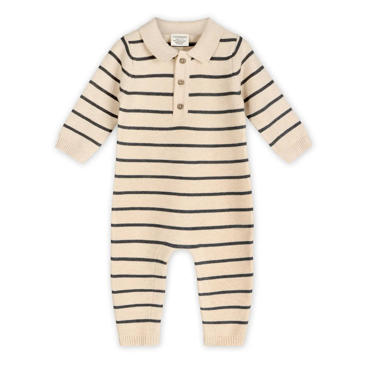 Viverano Organics Stripe & Collar Knit Jumpsuit in oatmeal & charcoal.