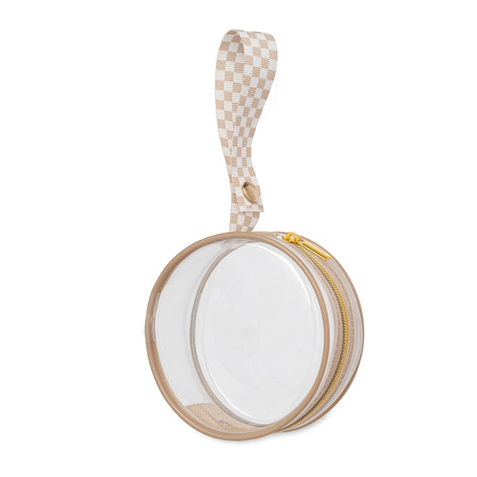 Itzy Paci Case in Toast Checkerboard with clear zippered pacifier storage.