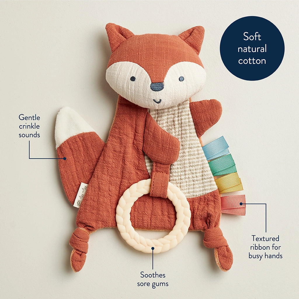 Fox Bitzy Crinkle baby sensory toy showing crinkle and teething features.