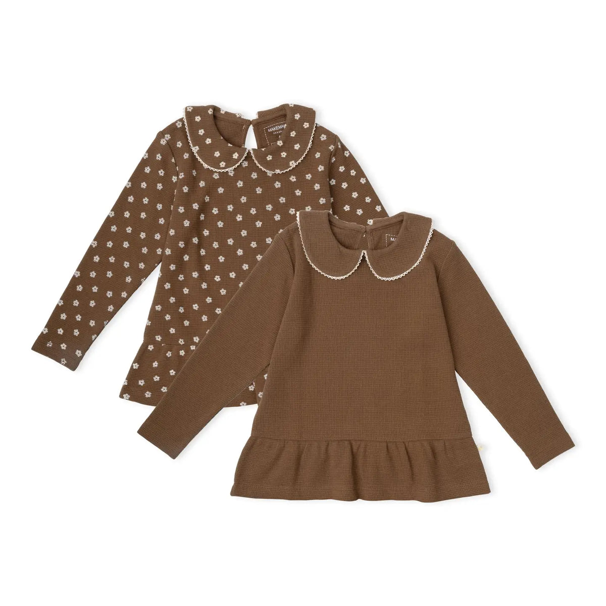 Makemake Organics Chestnut Bloom and Brown organic collar peplum top set of two.