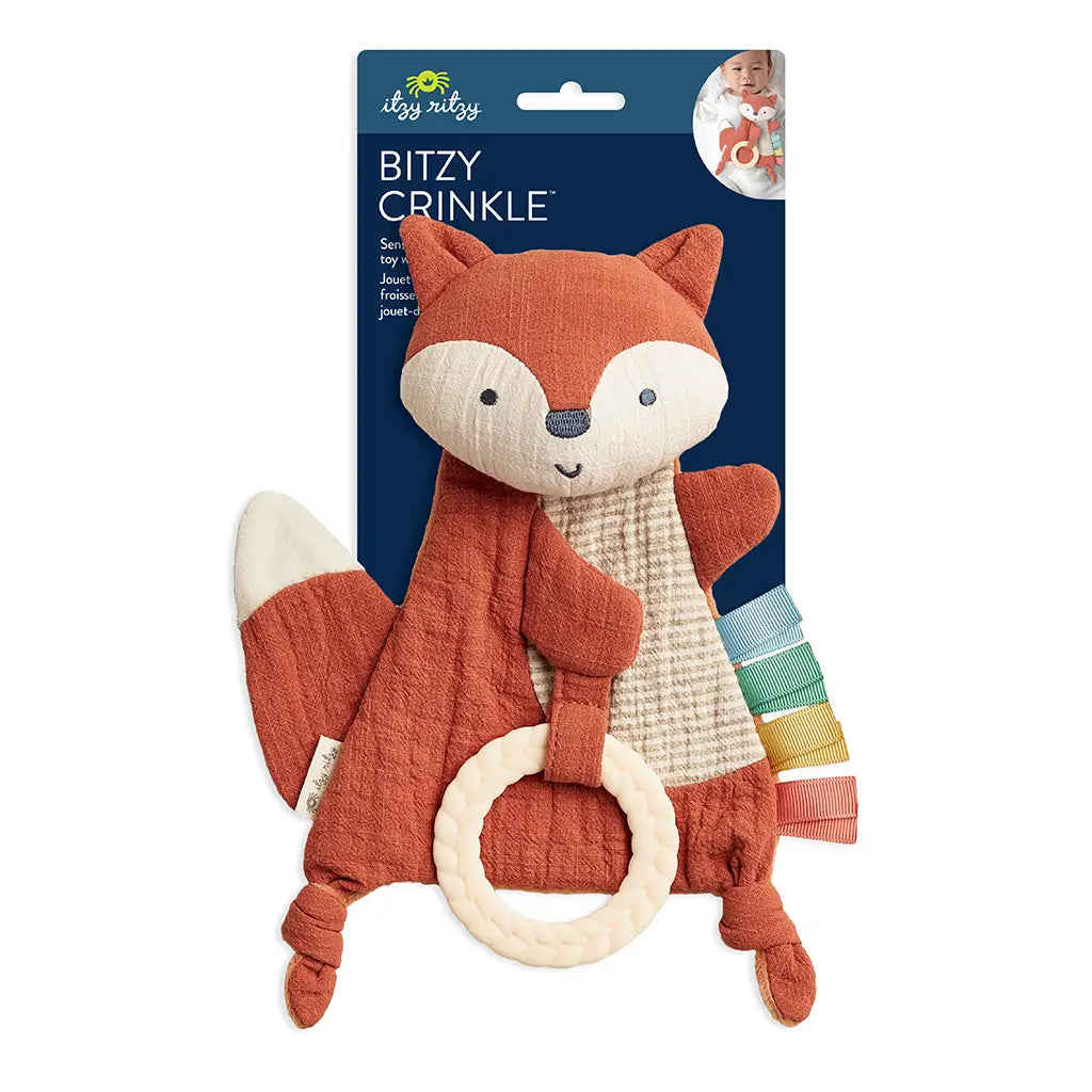 Itzy Ritzy Fox Bitzy Crinkle sensory toy with teether in retail packaging.