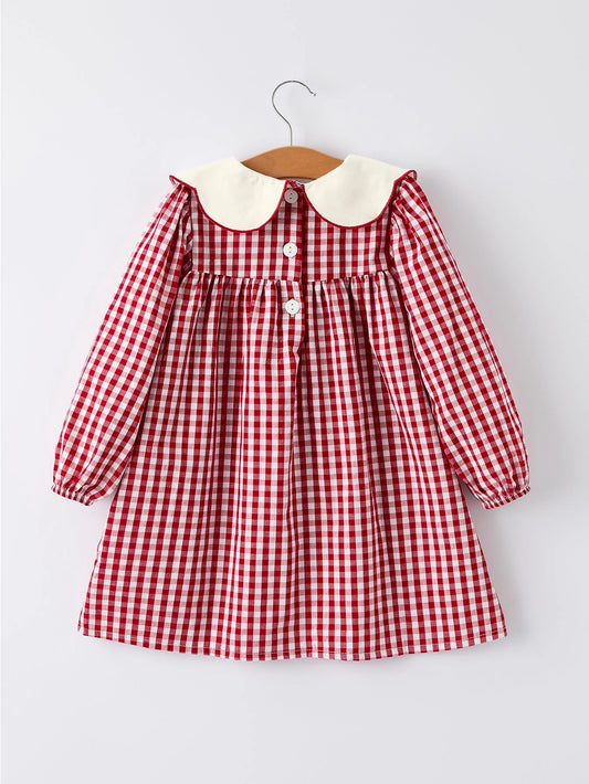 Christmas Tree Embroidered Gingham Dress - PREORDER