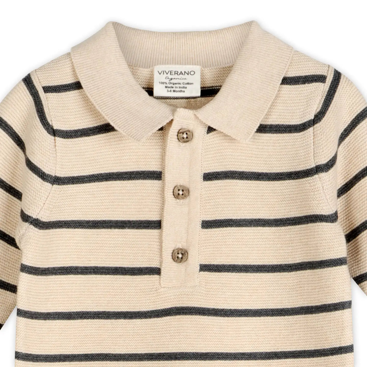 Close-up of the collar and button front detail on the Viverano Organics Stripe & Collar Knit Jumpsuit.