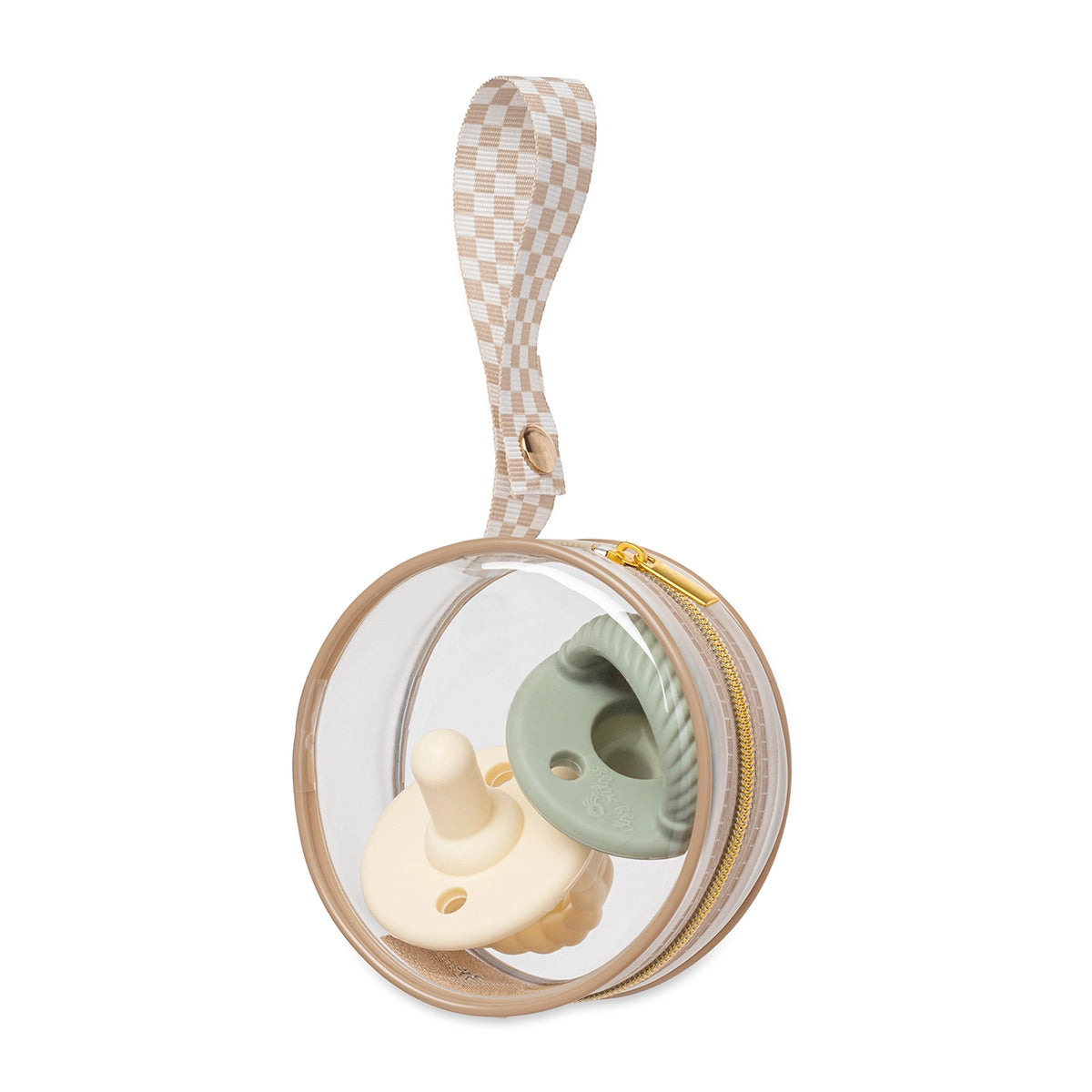 Toast Checkerboard Itzy Paci Case holding pacifiers.
