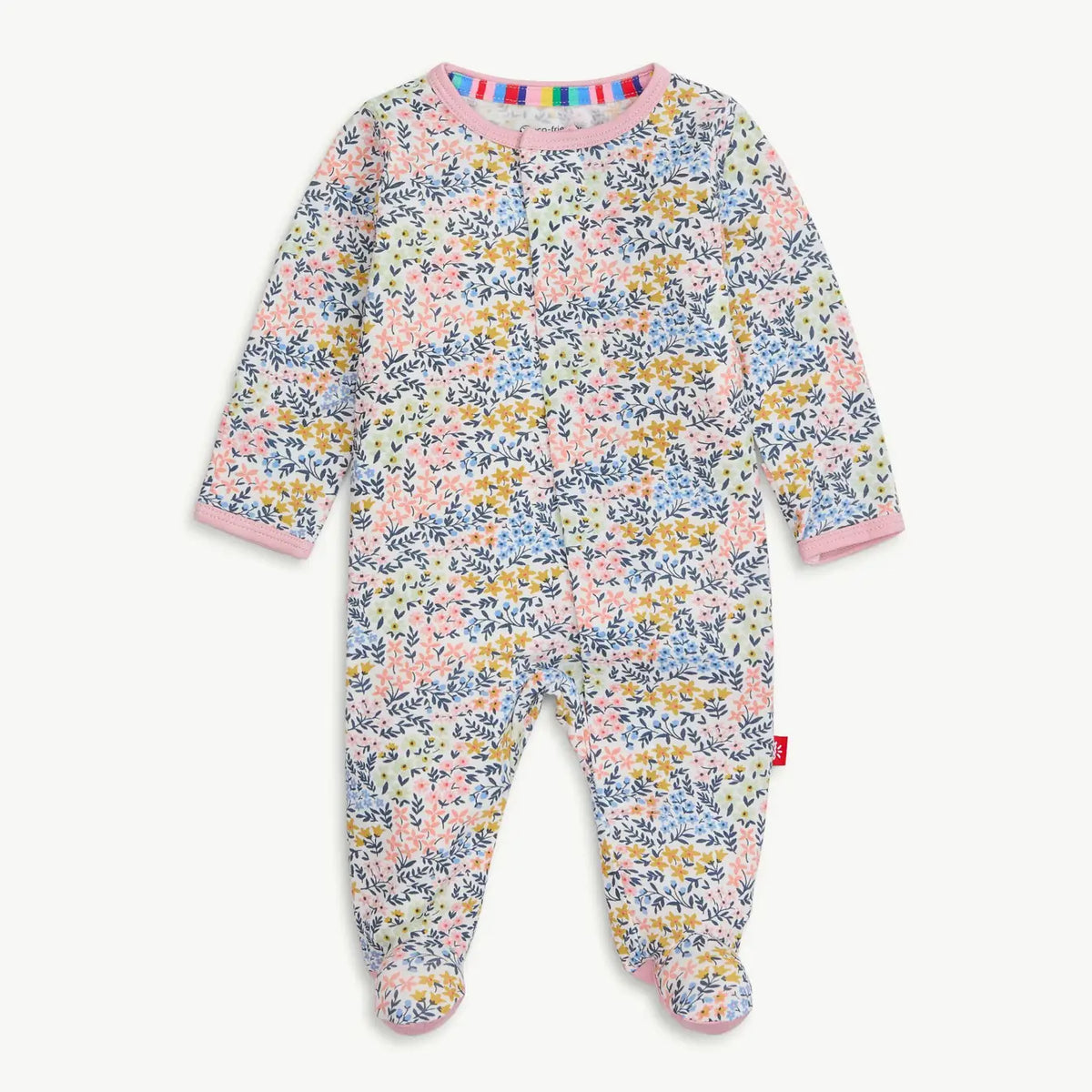 Magnetic Me Chelsea modal ruffle footie with colorful wildflowers and pink trim.