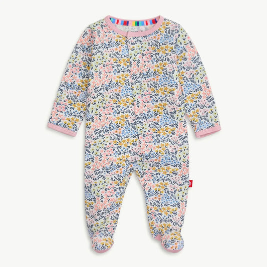 Magnetic Me Chelsea modal ruffle footie with colorful wildflowers and pink trim.