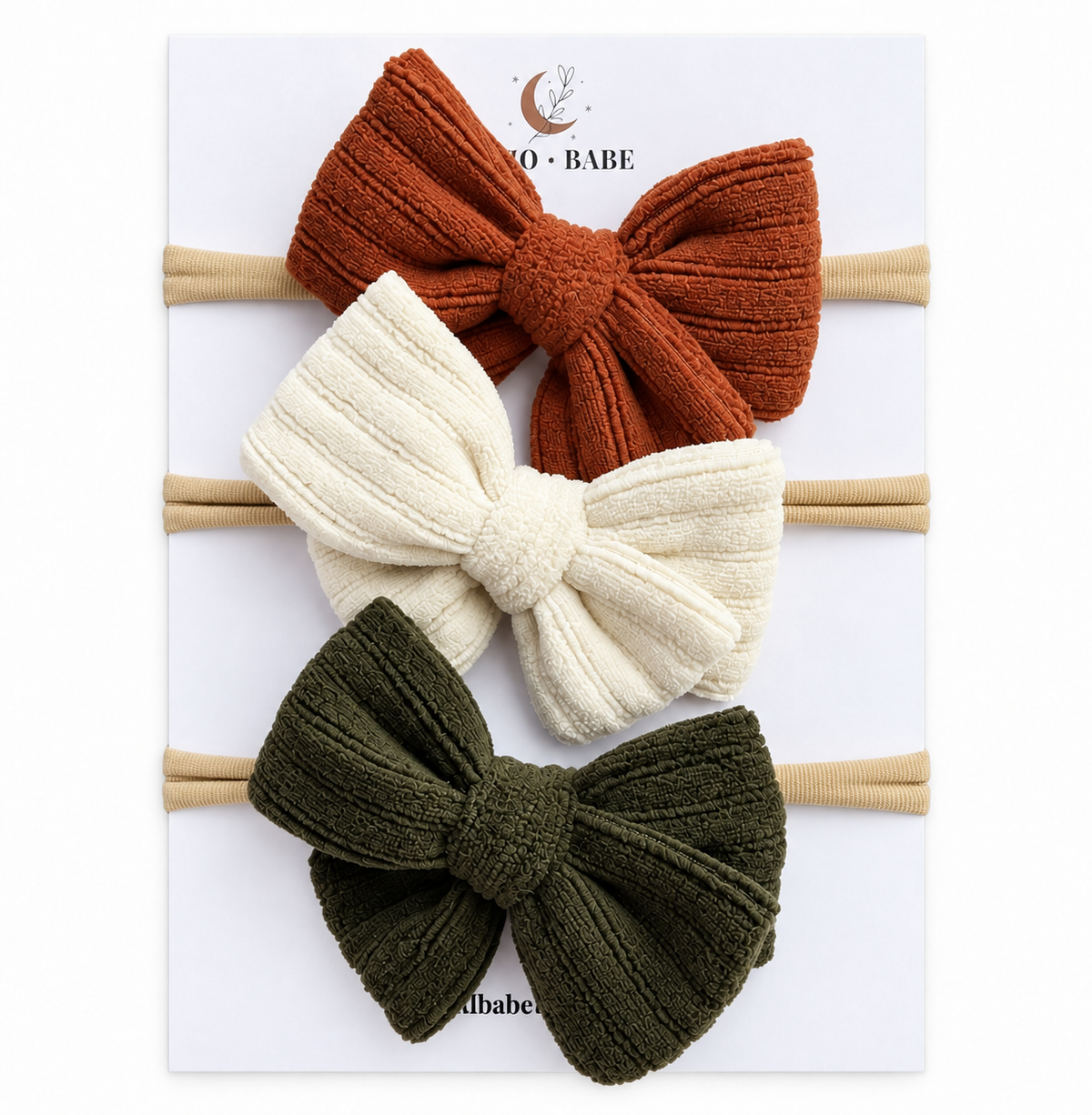 Boho + Babe corduroy baby bow headband 3-pack in rust, oatmeal, and olive.