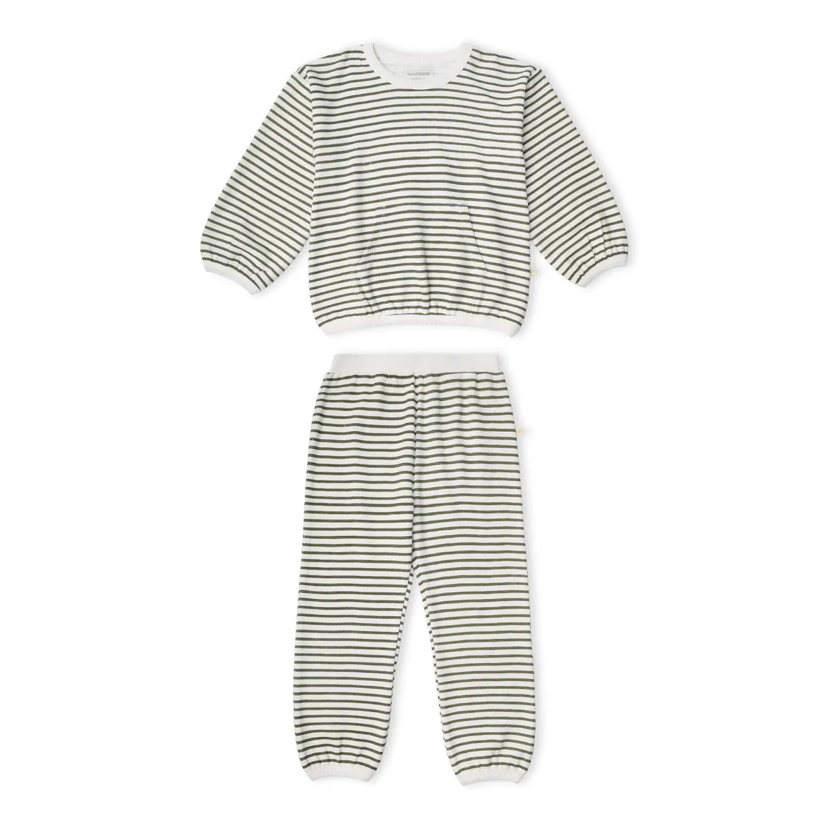 Makemake Organics Olive Stripes organic tee and pant slouch set. 