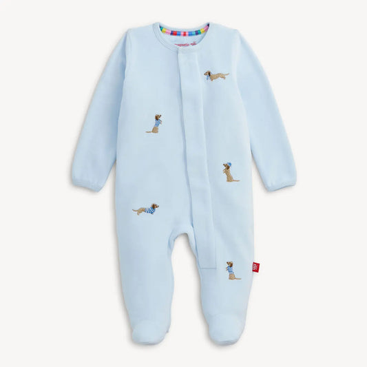 Blue Magnetic Me velour baby footie with playful embroidered dogs.