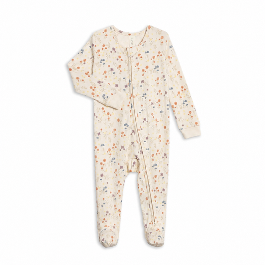 Cream Colored Organics Peyton Zipper Sleeper with Margot Floral print and Barn and Sea accents.