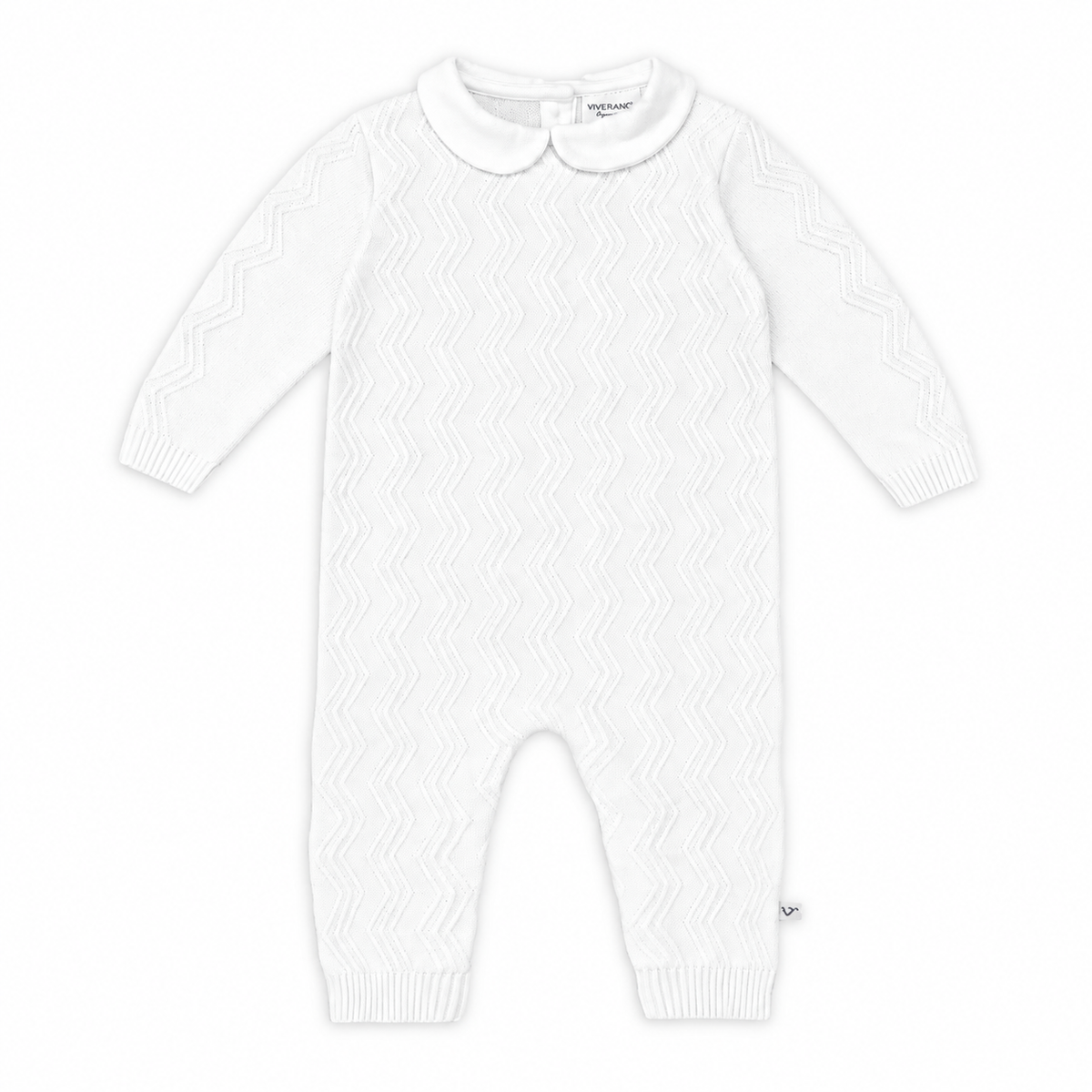 Viverano Organics Dove White chevron knit baby jumpsuit with Peter Pan collar.