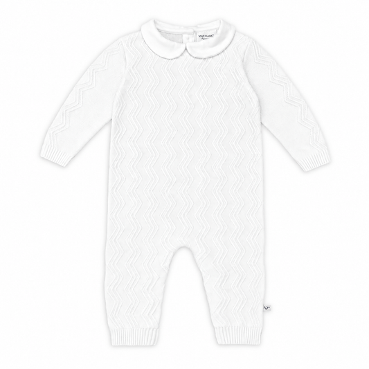 Viverano Organics Dove White chevron knit baby jumpsuit with Peter Pan collar.